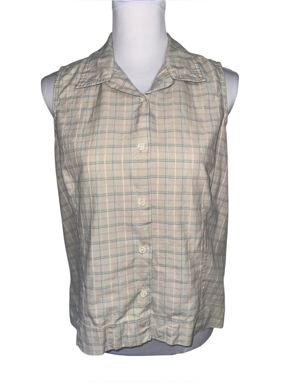 Columbia Womens Large Sleeveless Plaid Button‎ Up Shirt Cotton Beige Gorpcore